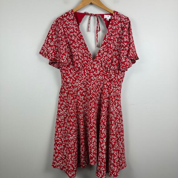 Socialite Mini Dress Womens Large Red White Floral Ditsy Cutout V-Neck Bohemian - Picture 1 of 10